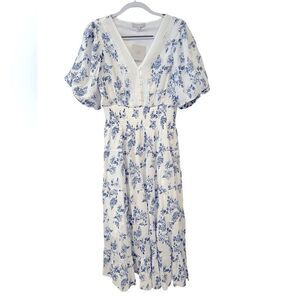 J Gee Floral Blue and White Women's Midi Peasant Boho Dress
